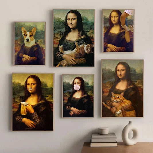 Mona Lisa with Cat Poster β Funny Canvas Wall Art for Home & Bar DΓ©cor