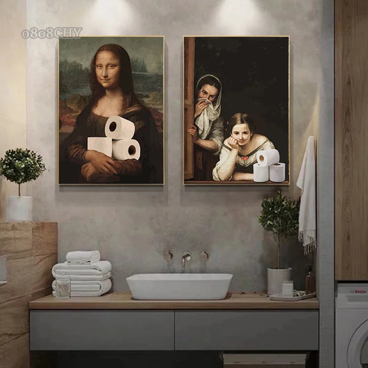 Mona Lisa Bathroom Meme Canvas β Funny Portrait Wall Art for Bathroom DΓ©cor