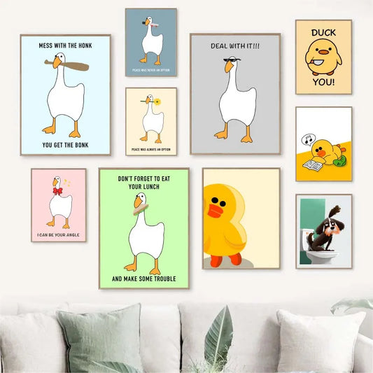 Funny Meme Animal Posters β Goose, Duck, Frog & Pig Canvas Wall Art