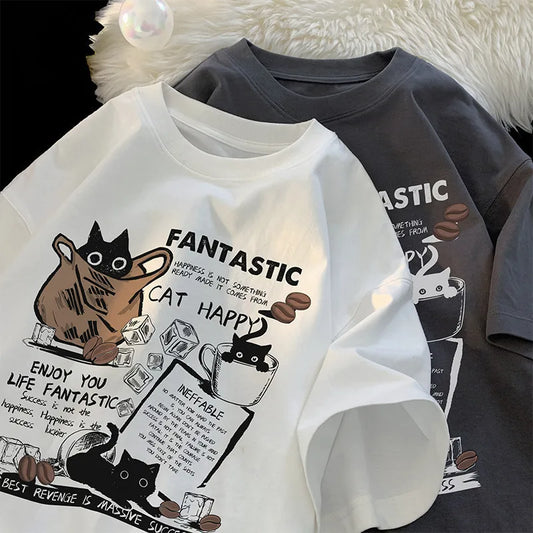 New Oversized Cartoon Cat T-Shirt – Korean-Style Pullover for Men & Women
