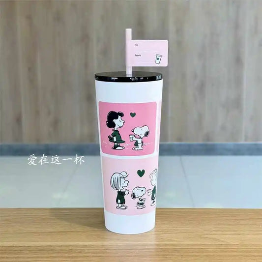 Snoopy Joint Series Stainless Steel Mug – Kawaii Cold Drink Cup with Straw