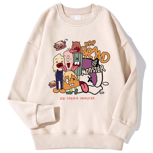 Ice Cream Monster Printed Sweatshirt – Cute & Cozy Fleece Hoodie for Women