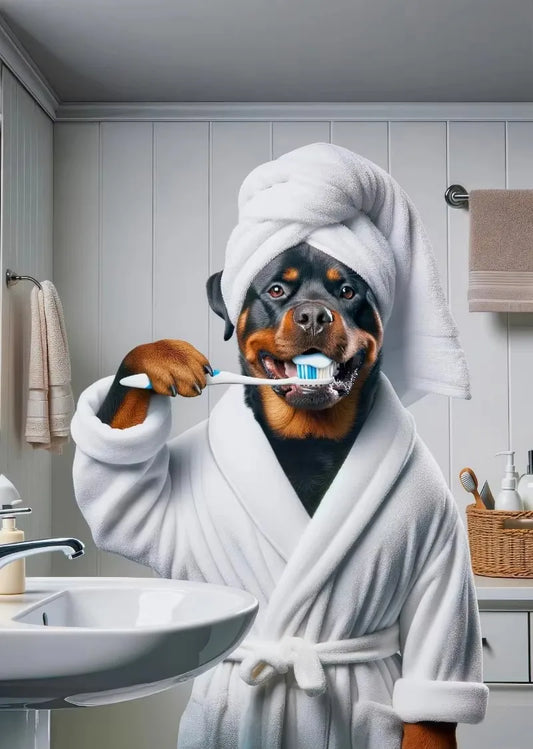 Animals Brushing Teeth Portrait – Beagle & Schnauzer Canvas Wall Art