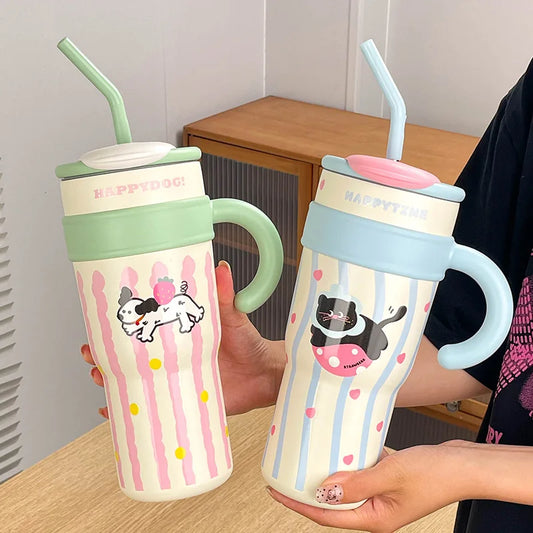 700ML/1.2L Cute Cat Stainless Steel Tumbler – Thermos Cup with Handle, Lid & Straw