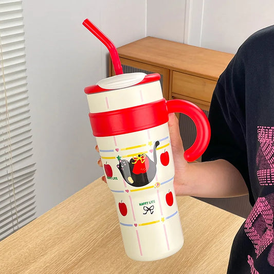 700ML/1.2L Cute Cat Stainless Steel Tumbler – Thermos Cup with Handle, Lid & Straw