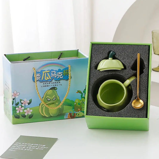 Creative Wogua Ceramic Mug Series – Wavy & Bitter Gourd Cups with Lid and Spoon