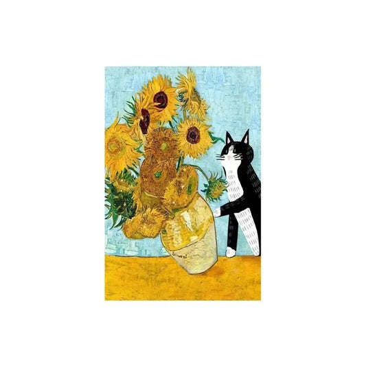 Funny Cat Art Poster – Black Cat Knocking Over Van Gogh’s Sunflowers