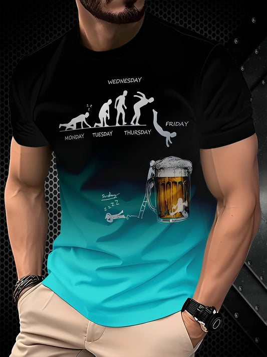 Men's 3D Printed Gradient Beer T-Shirt – Funny “Evolution of Man & Beer” Meme Tee