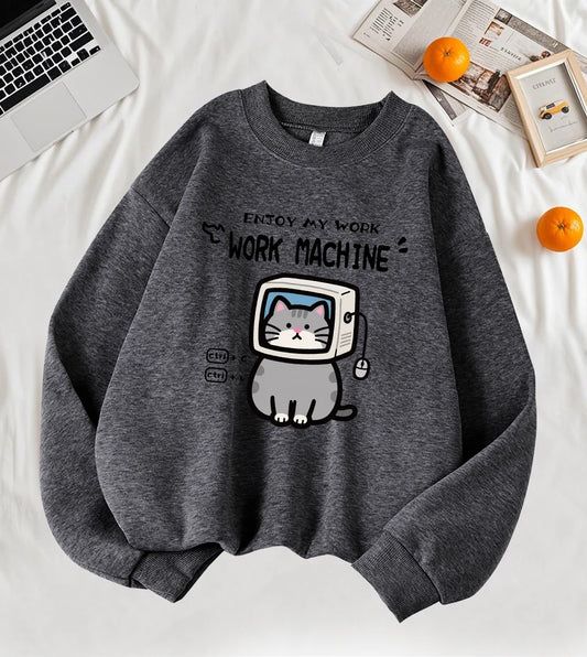 "Work Machine Enjoy My Work" Cat Print Sweatshirt – Y2K Fleece Pullover for Women