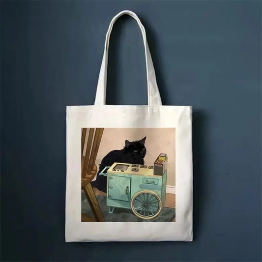 Cartoon Funny Cat Print Handbag – Canvas Shoulder Tote Bag