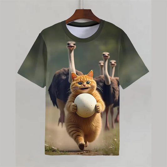 Funny 3D Cat Graphic T-Shirt – Men's & Kids' Summer Streetwear Tee