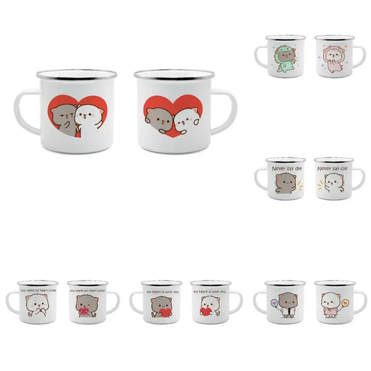 Couple Style Peach & Goma Cat Enamel Coffee & Tea Cups – Cute & Funny Travel Mugs