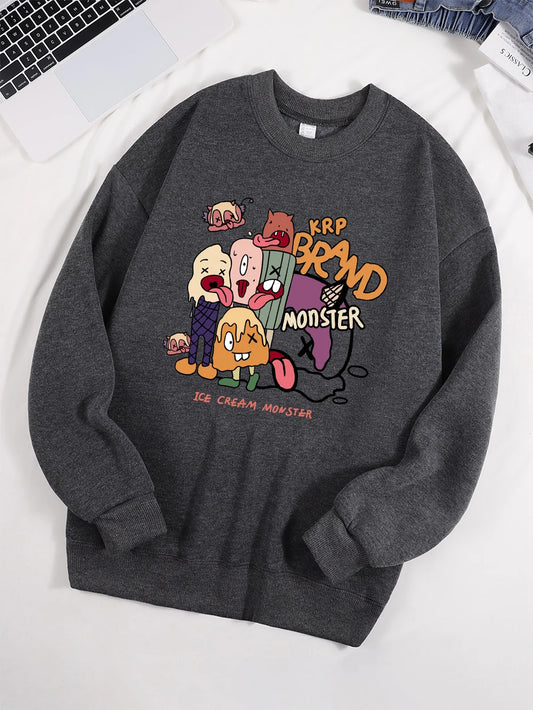 Ice Cream Monster Printed Sweatshirt – Cute & Cozy Fleece Hoodie for Women