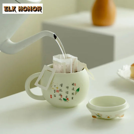 350ml White Jade Yellow Fortune Osmanthus Cat Coffee Mug – Luxury Tea & Beer Cup