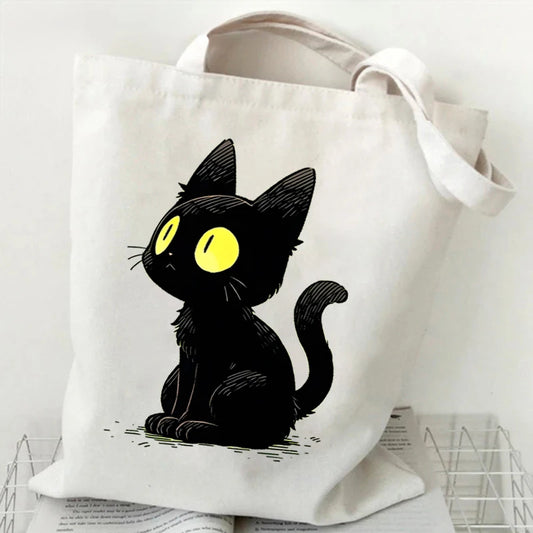 Anime Black Cat Canvas Tote Bag – Cute Cartoon Shopping Handbag for Women & Teens