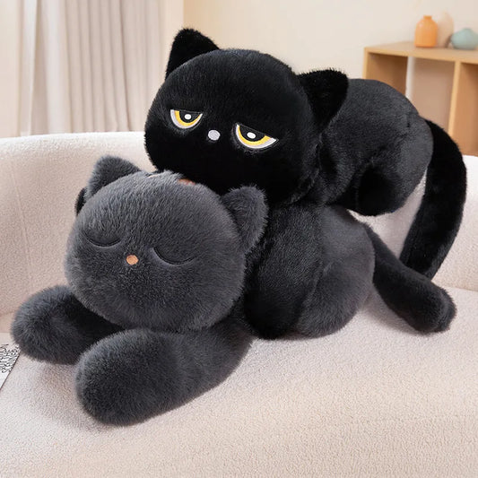 Black Cat Plush Pillow – Soft Stuffed Lying Cat Cushion