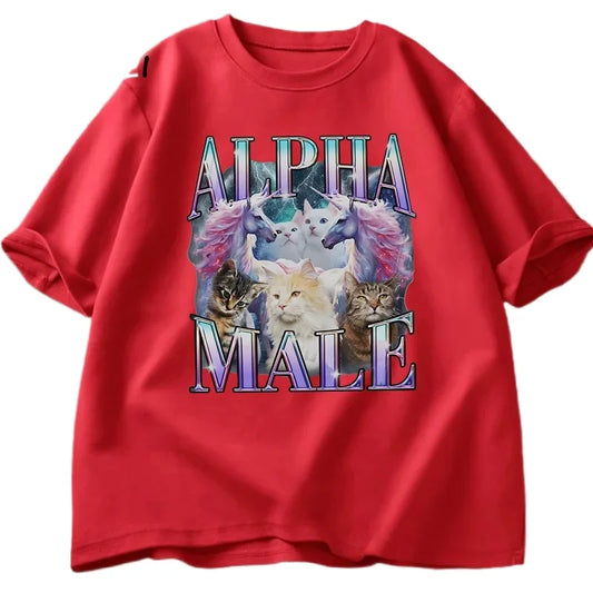 Alpha Male Unicorn Cat T-Shirt – Ironic 90s Vintage Rainbow Meme Tee for Men
