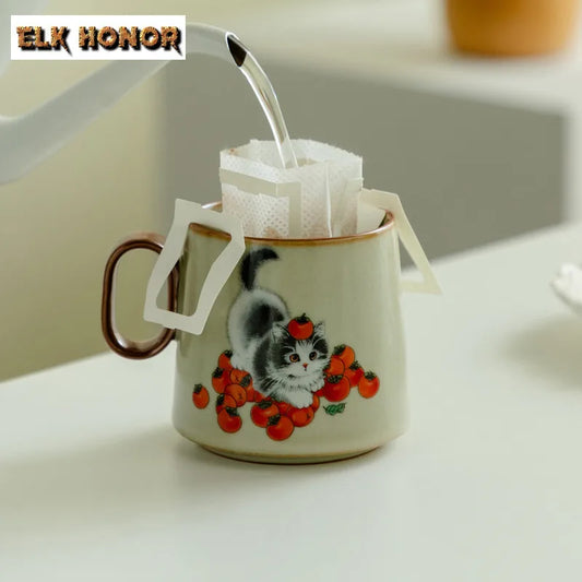 Ru Kiln Persimmon Cat Coffee Mug – Artistic Handgrip Cup for Tea, Coffee, or Wine