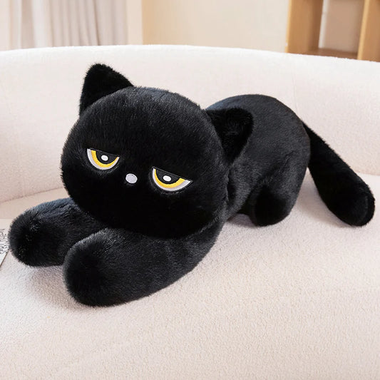 Black Cat Plush Pillow – Soft Stuffed Lying Cat Cushion