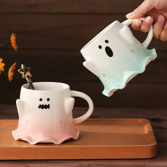 Halloween Ceramic Mugs – Creative Ghost Coffee & Milk Mug with Spoon