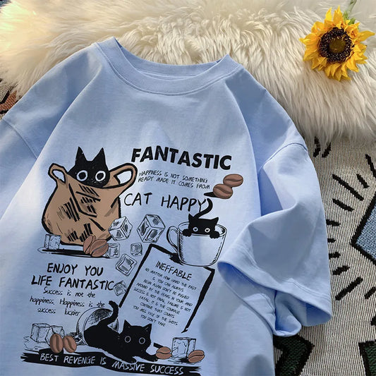 New Oversized Cartoon Cat T-Shirt – Korean-Style Pullover for Men & Women