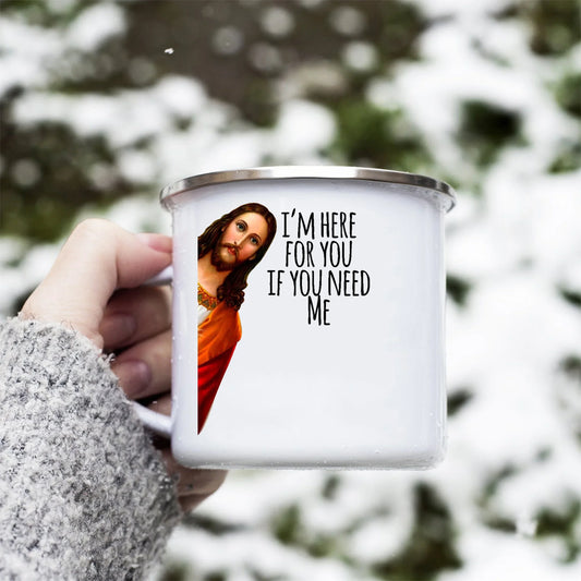 Enamel Mug Coffee Cup – Funny Jesus Meme Quote “I Saw That”