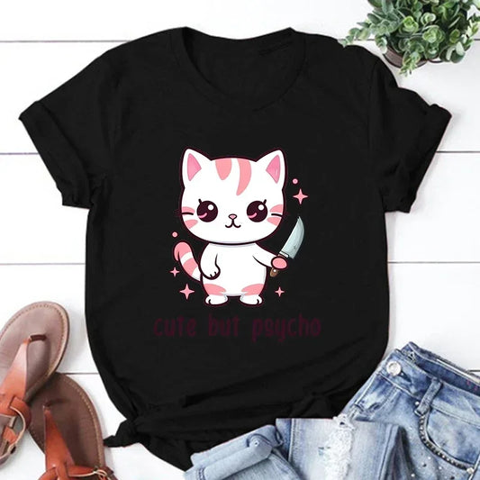Cute But Psycho Cat T-Shirt – Unisex Harajuku-Style Summer Tee