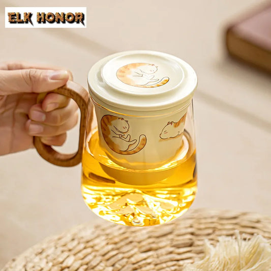 400ml Big Orange Cat Borosilicate Glass Tea Cup – Antique Mug with Infuser & Filter
