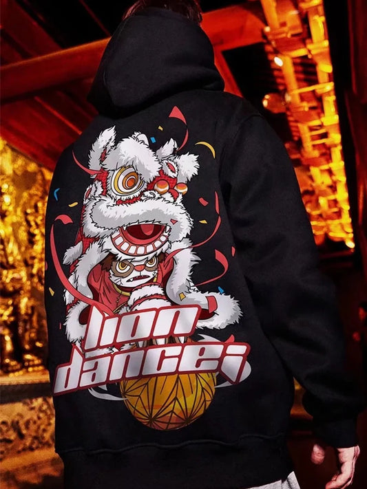Autumn Funny Lion Dance Hoodie – Men's Hip Hop Anime Streetwear Sweatshirt