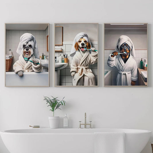 Animals Brushing Teeth Portrait – Beagle & Schnauzer Canvas Wall Art